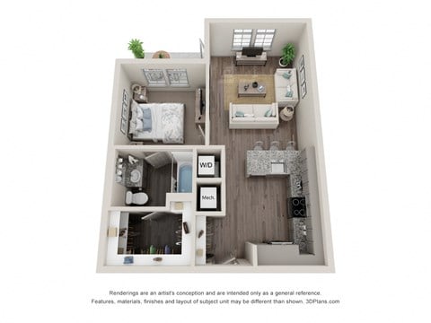 Floor plan for 1 bed, 1 bath, 661 sqft